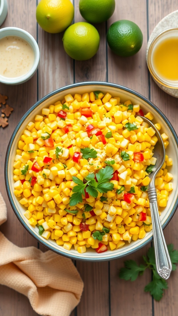 Corn Salad Recipe A vibrant corn salad with corn, bell peppers, and cilantro in a bowl on a wooden table.